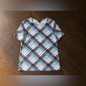 St. John Women Top Size S White Black Blue Green Plaid, EUC